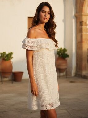 Sézane Ivory Crochet Off-Shoulder Mini Dress | Size M